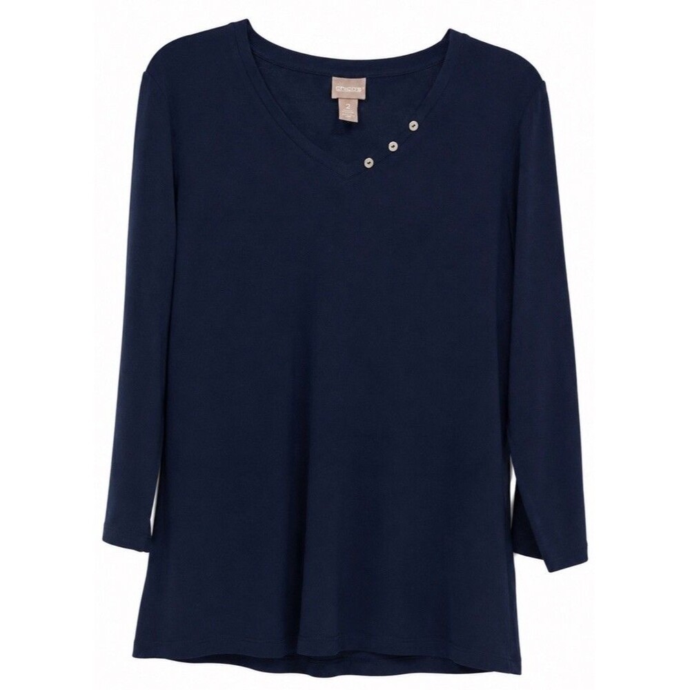 Chico's Women’s Navy Blue V-Neck Button Detailing Top Size 2 US Large 3/4 Sleeve